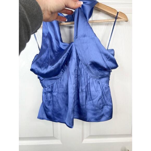 French Connection Blue Satin Halter Top Womens Size XS Smocked back - Picture 3 of 11